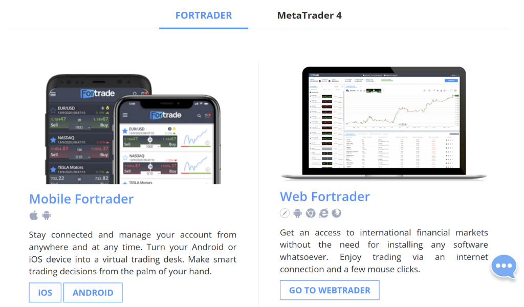 Fortrade trading platforms overview with Web-Trader and mobile trading interface
