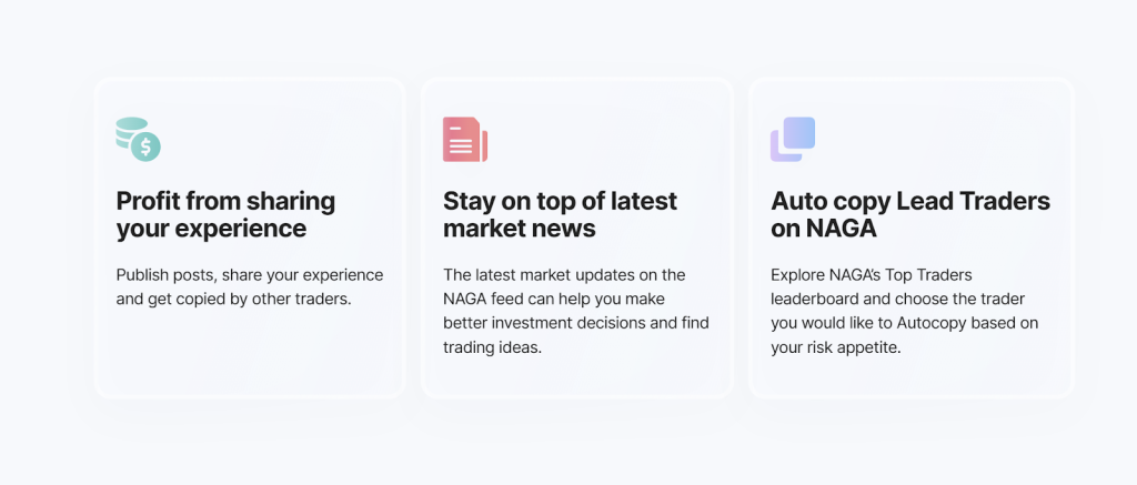 NAGA Trading Web App page highlighting social features, market news, and auto-copy tools.