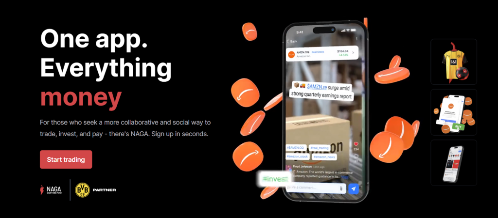 NAGA homepage hero section showing mobile trading app, branding, and start trading button.